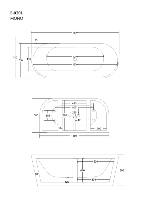 Corsan MONO wall-mounted freestanding bathtub 160 x 74 cm with wide edge click-clack plug Gold