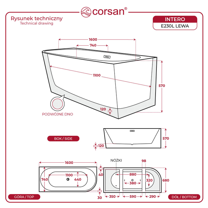 Corsan INTERO voľne stojaca rohová vaňa 150 x 74,5 Ľavá montáž Automatická zátka Zlatá