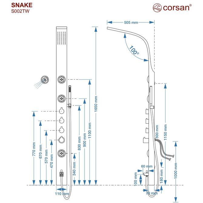 Corsan SNAKE shower panel Thermostat Black steel Spout