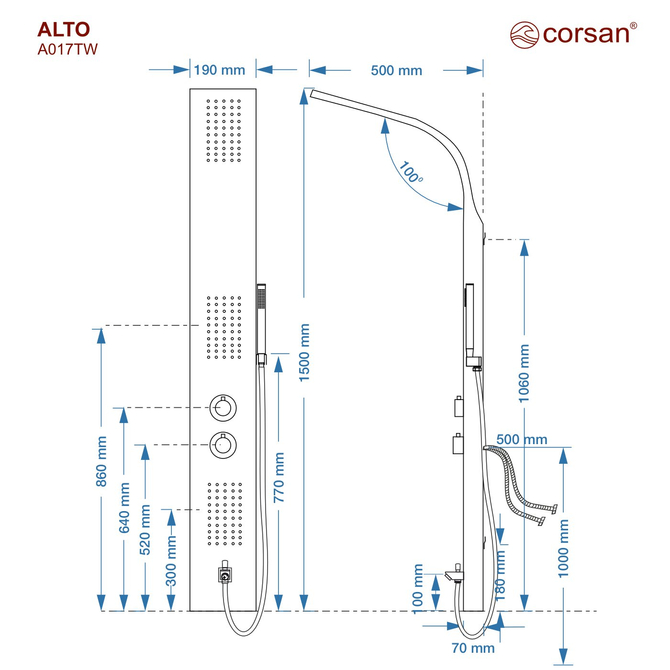 Corsan ALTO Duschpaneel Thermostat Weißer Auslauf